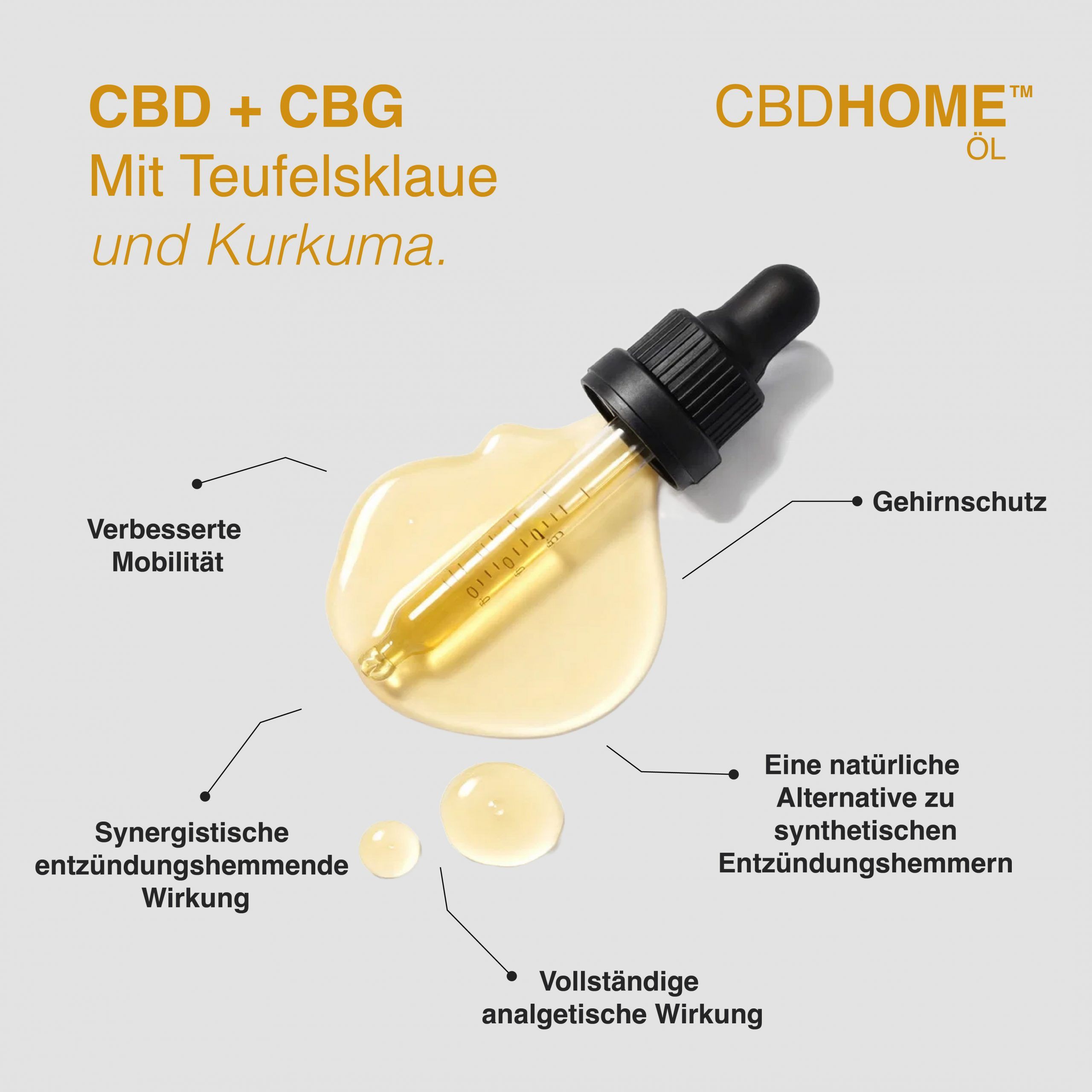 CBDHOME Öl mit Pipette auf einer Flüssigkeitsfläche. Beschriftung: CBD + CBG, Teufelskralle, Kurkuma.