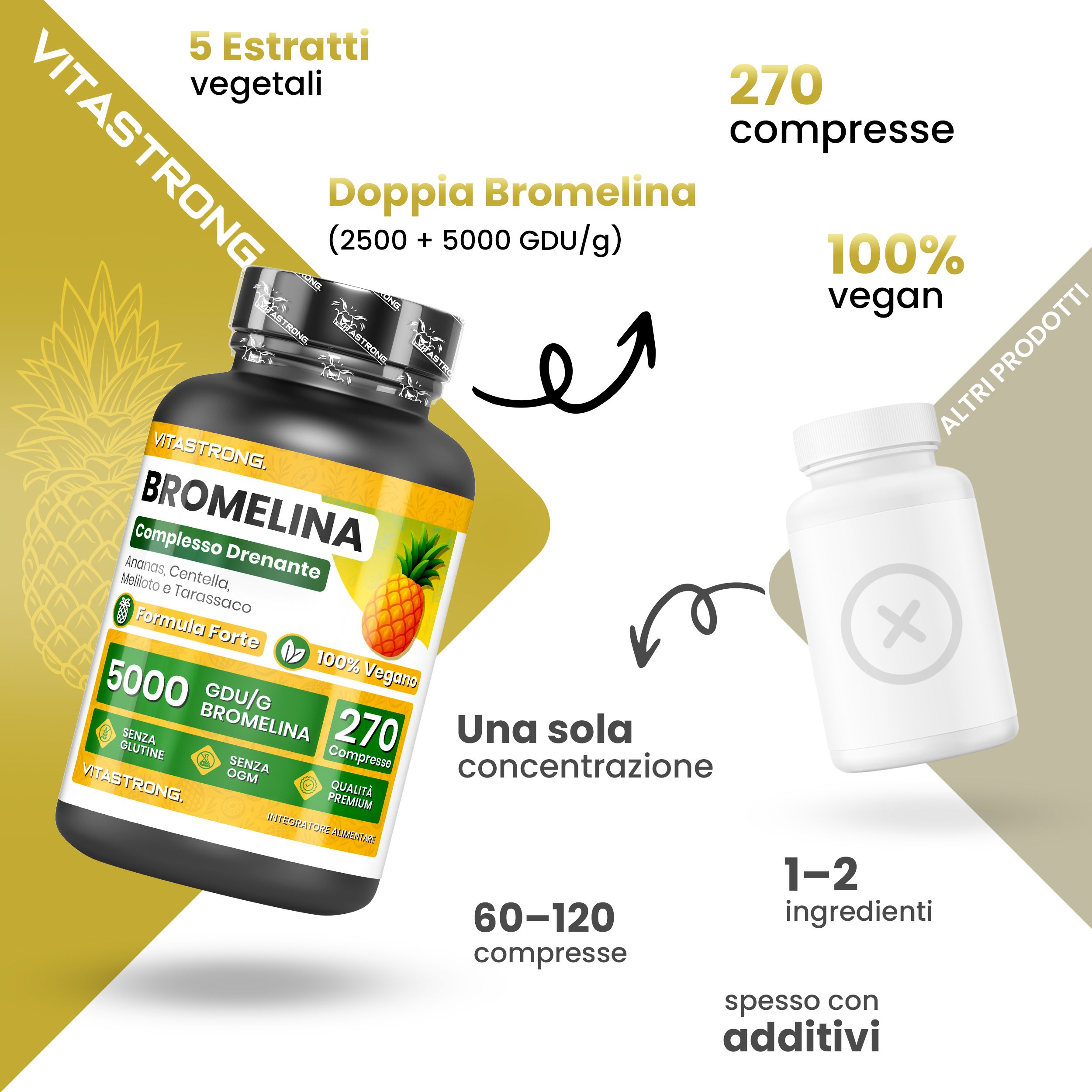 Vitastrong Bromelain Flasche. 5 Extrakte, 270 Tabletten, 100% Vegan. 60-120 Tabletten pro Packung.