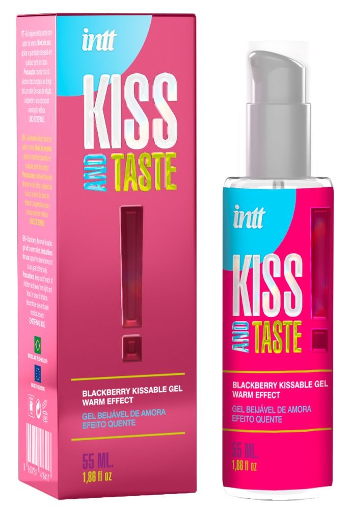 Rosa Verpackung und Flasche. Aufschrift: Kiss and Taste. Text: Blackberry Kissable Gel Warm Effect. 55 ml.