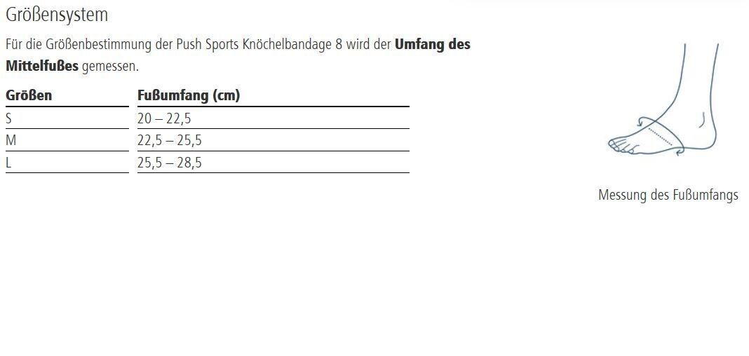 Größentabelle für die Knöchelbandage. Größen S, M, L mit Fußumfang in cm und Illustration.