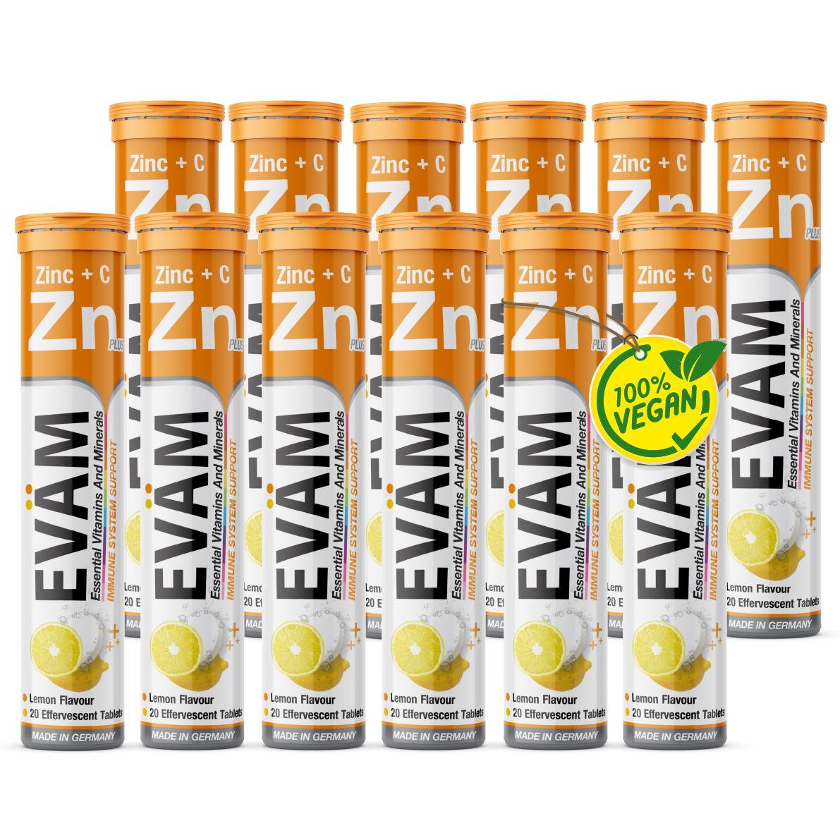 12 Tuben EVÄM Vitamin C + Zink. Orangefarbene Deckel, weißer Körper mit Produktinformationen. 100% Vegan-Label. Zitrone-Abbildung.
