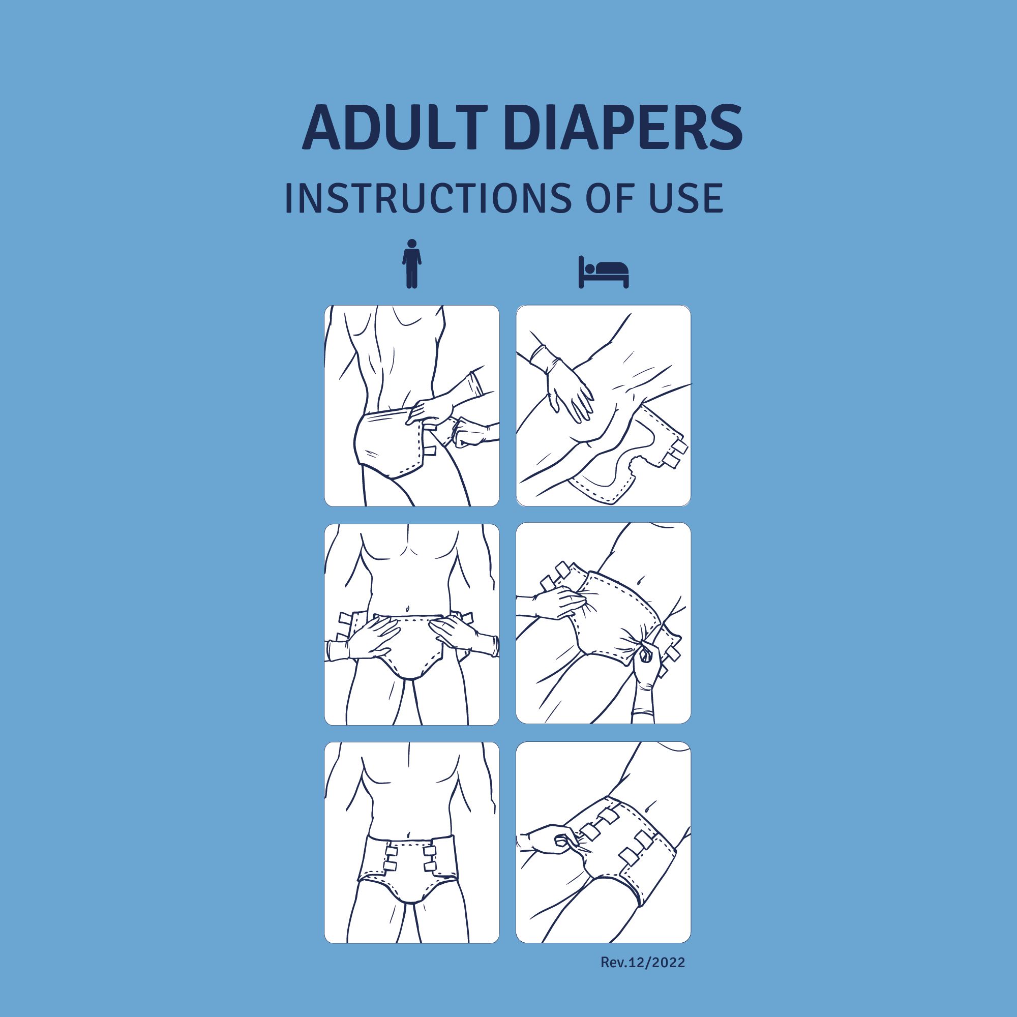 Instructies voor het gebruik van volwassen luiers. Illustraties tonen toepassing staand en liggend.