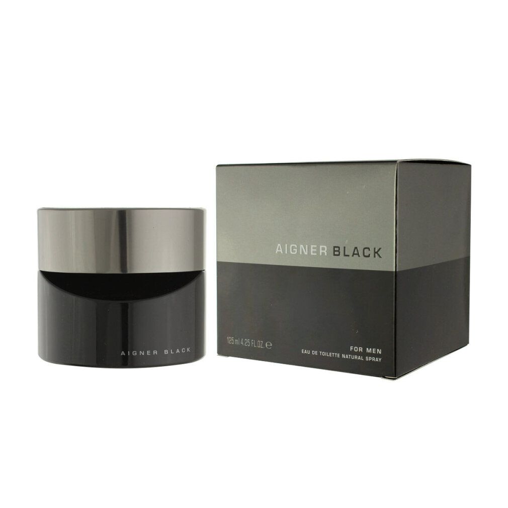 Schwarzer Flakon und Verpackung. Silberner Deckel. Aufschrift: AIGNER BLACK, Eau de Toilette, FOR MEN.