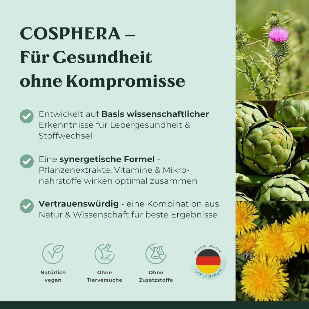 Text: Cosphera - Für Gesundheit ohne Kompromisse. Logos: Natürlich vegan, ohne Tierversuche, ohne Zusatzstoffe. Made in Germany.