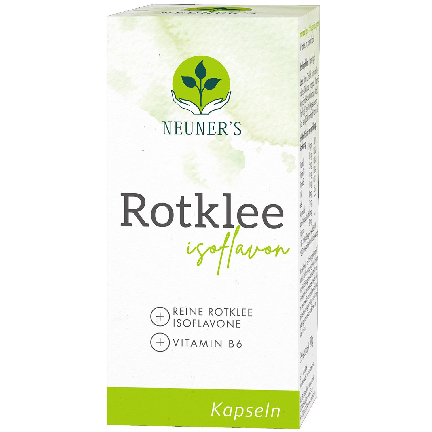 Verpackung von Neuner's Rotklee Isoflavon Kapseln. Aufschrift: Rotklee Isoflavon, Reine Rotklee Isoflavone, Vitamin B6. Grün-weißes Design.