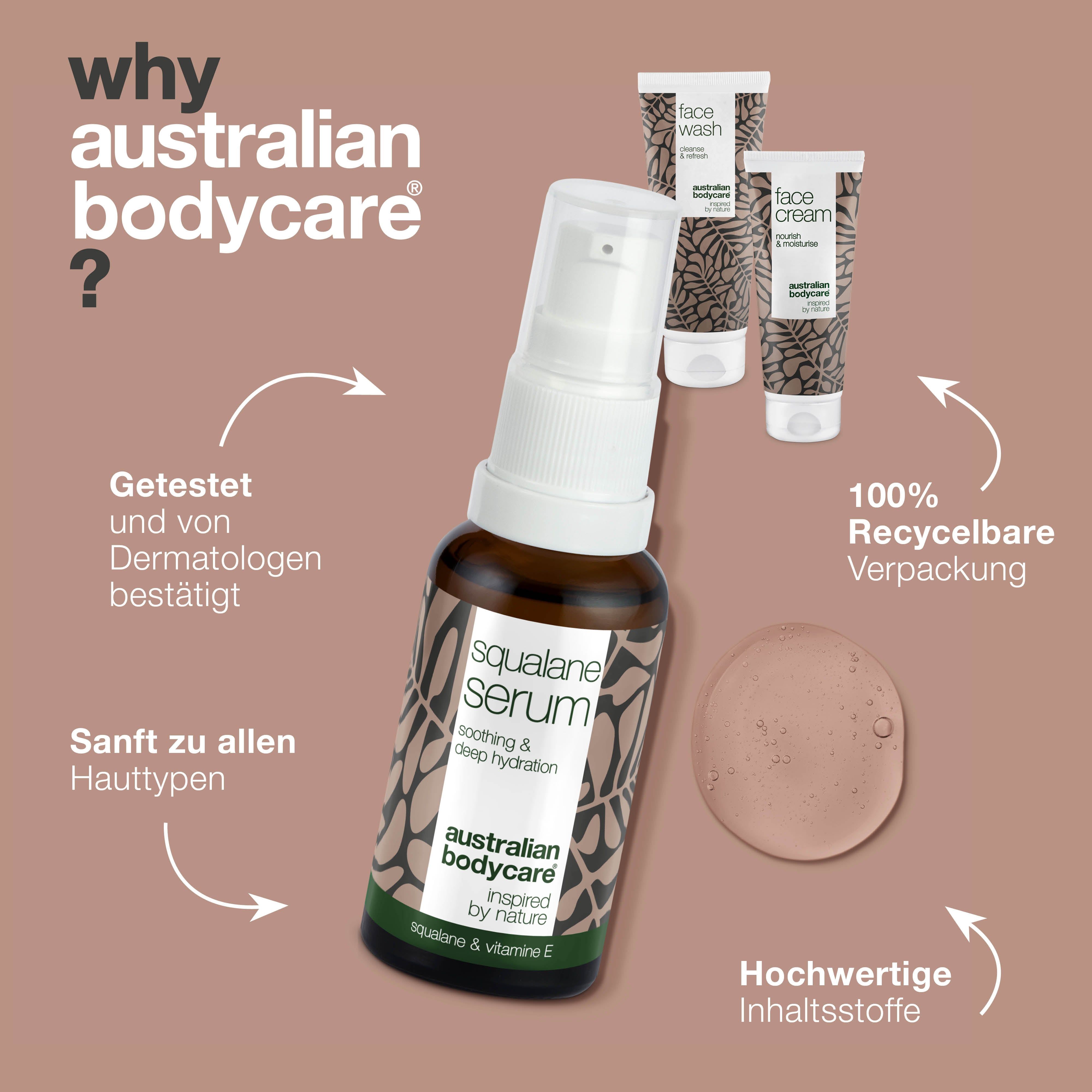 Squalane Serum mit Sprühkopf. Text: Getestet von Dermatologen, 100% recycelbare Verpackung, hochwertige Inhaltsstoffe.