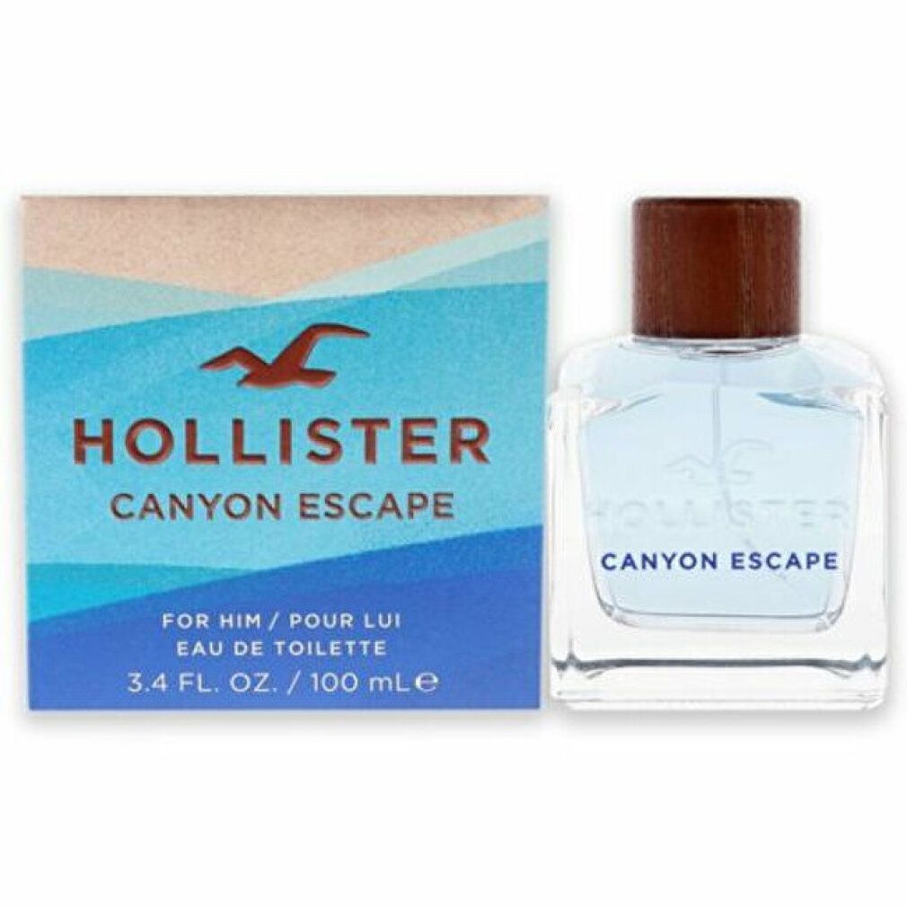 Flakon und Verpackung. Flakon mit hellblauer Flüssigkeit und Holzverschluss. Verpackung mit Schriftzug: Hollister Canyon Escape.