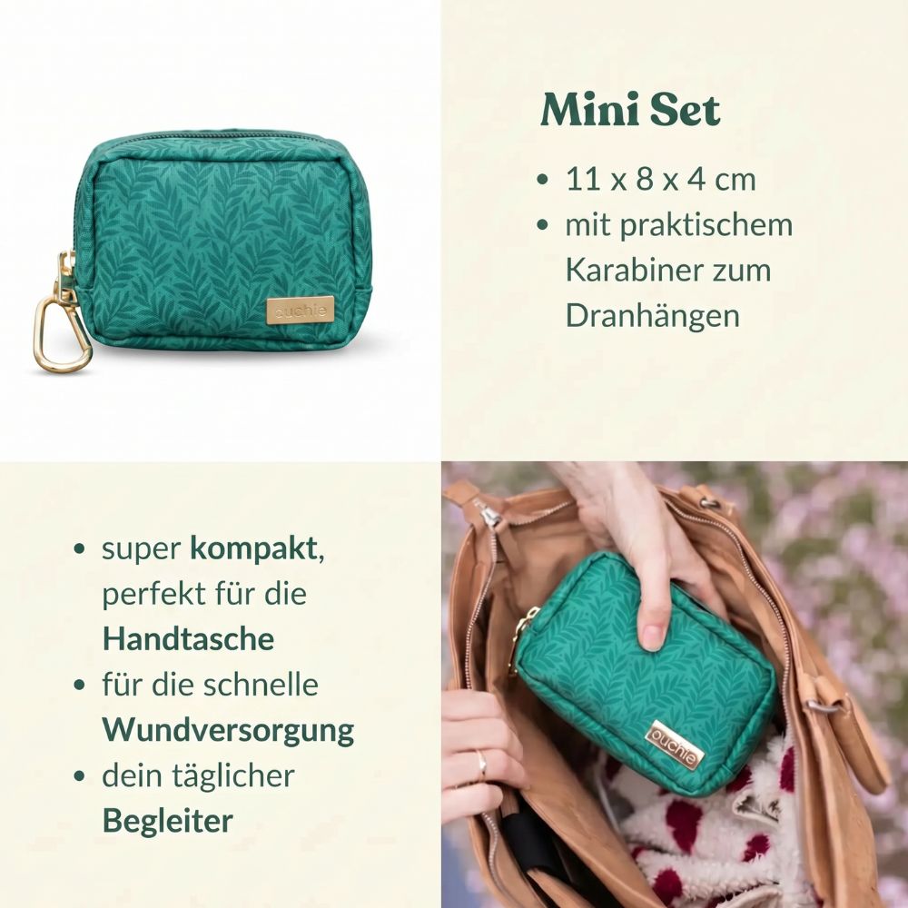 Grüne Mini-Erste-Hilfe-Tasche mit Blattmuster, Karabiner und den Maßen 11x8x4 cm.