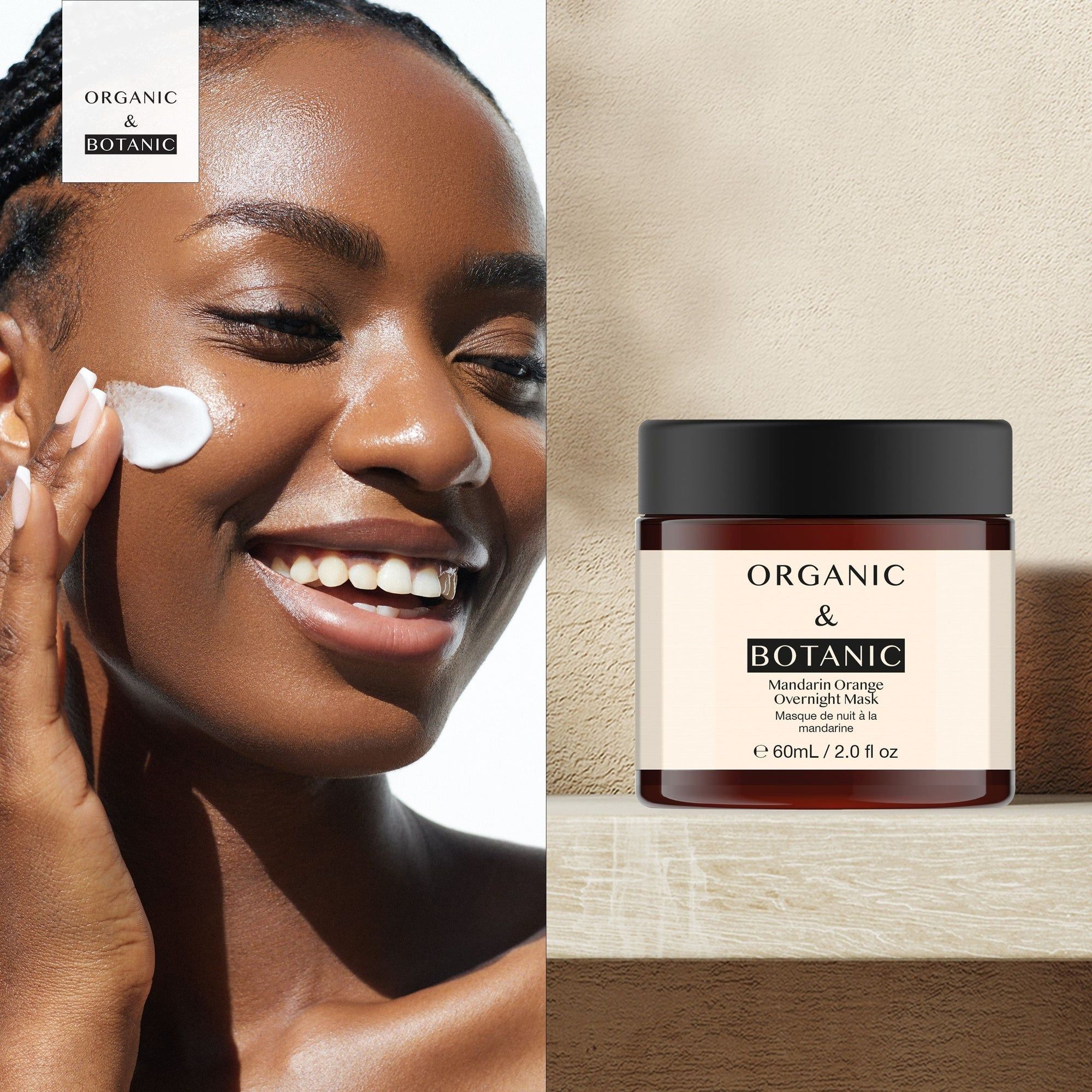 Frau trägt Maske auf. Dose: ORGANIC & BOTANIC, Mandarin Orange Overnight Mask. 60ml/2.0 fl oz. Auf Holzoberfläche.