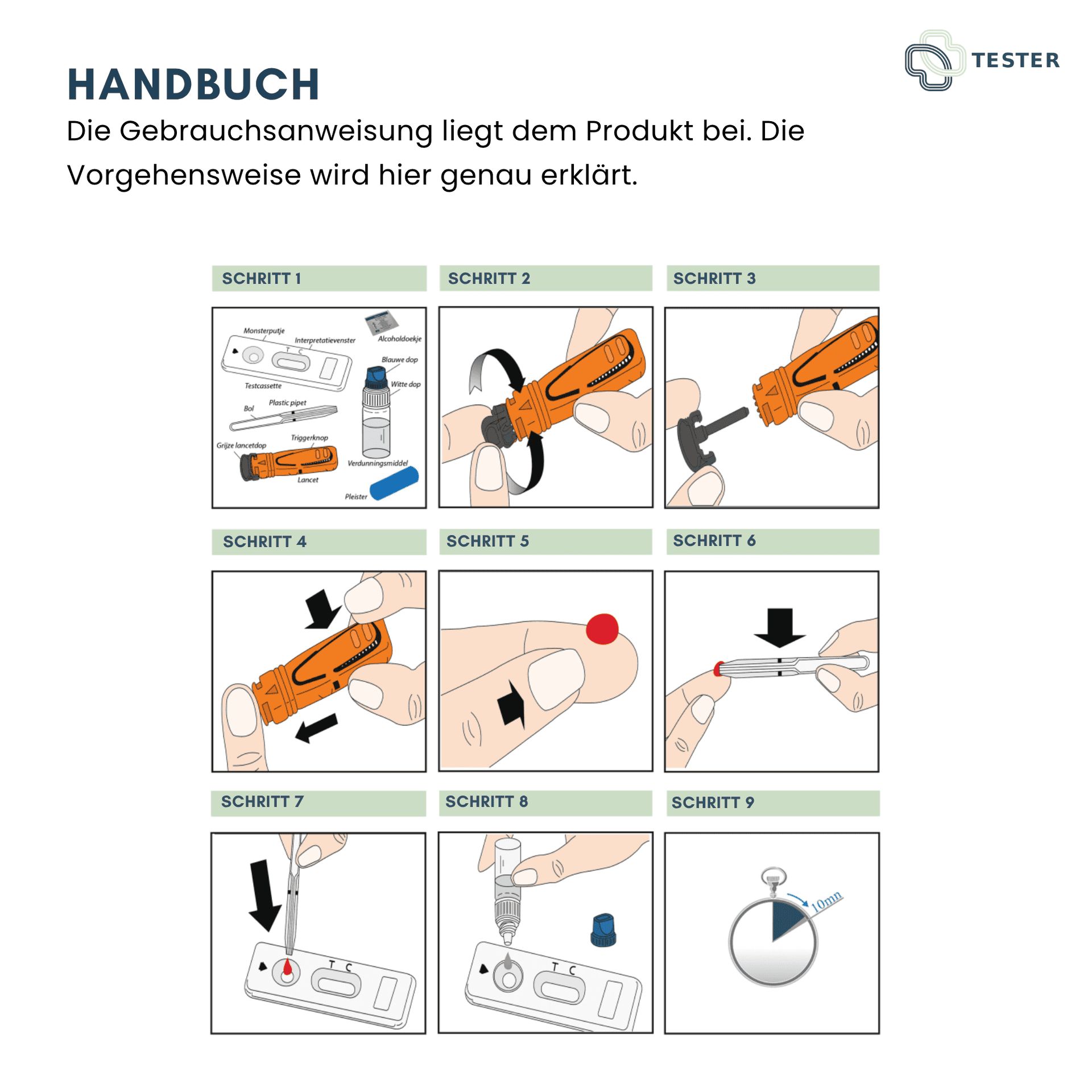 Handbuch für den Eisenmangel Selbsttest: Gebrauchsanweisung mit 9 detaillierten Schritten, inklusive Fingerlanzette und Testkassette.