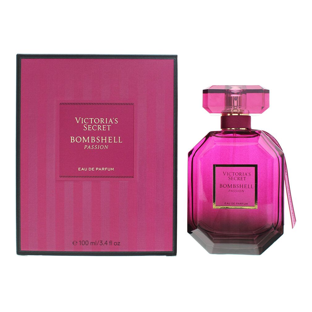 Rosa Flakon und Verpackung. Aufschrift: VICTORIA'S SECRET BOMBSHELL PASSION EAU DE PARFUM. 100 ml/3.4 fl oz.