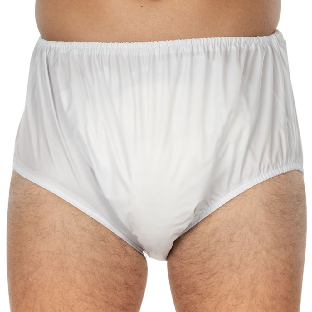Weiße PVC-Schlupfform-Inkontinenzhose für Herren, Vorderansicht.
