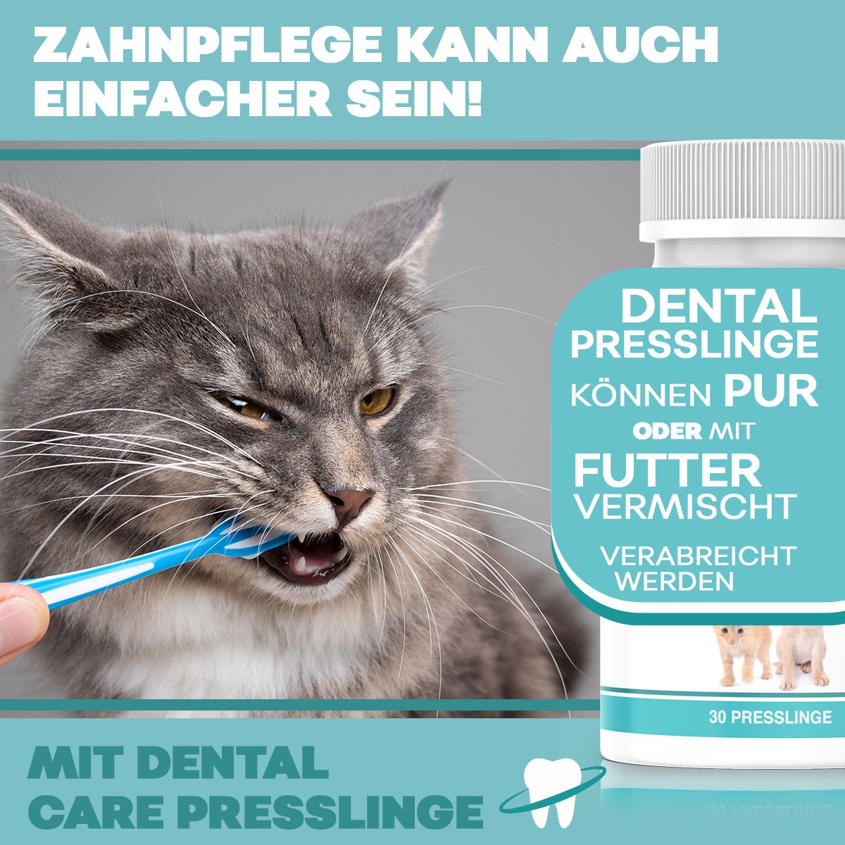 Katze mit Zahnbürste. Produktflasche mit Text: "DENTAL PRESSLINGE". 30 Presslinge.