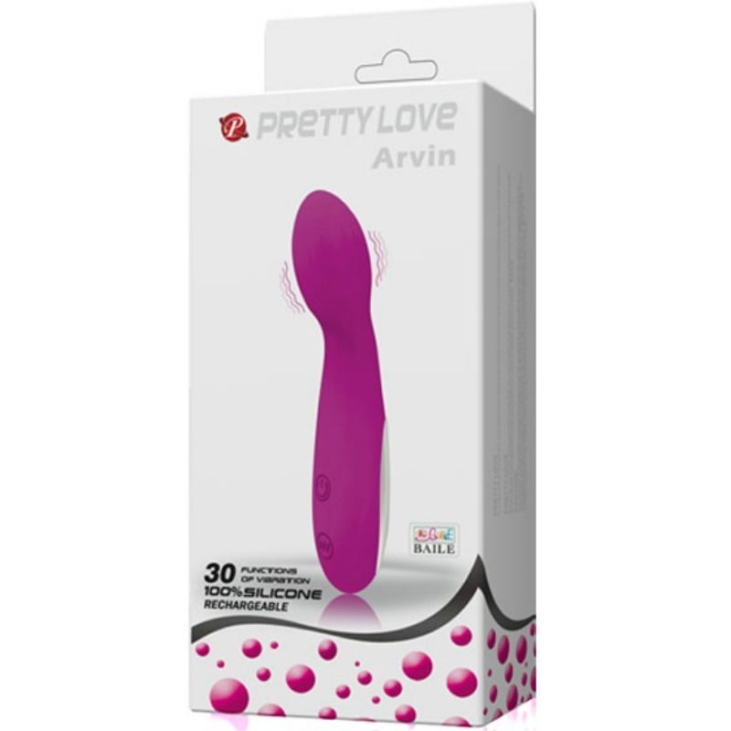 Verpackung mit lila Vibrator. Marke Pretty Love, Modell Arvin. 30 Vibrationsfunktionen, 100% Silikon, wiederaufladbar.