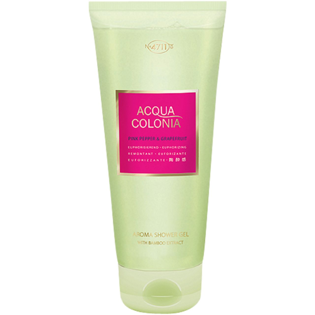 Aroma Shower Gel Tube. Pinkfarbener Schriftzug ACQUA COLONIA. Grünliche Tube mit hellem Deckel.