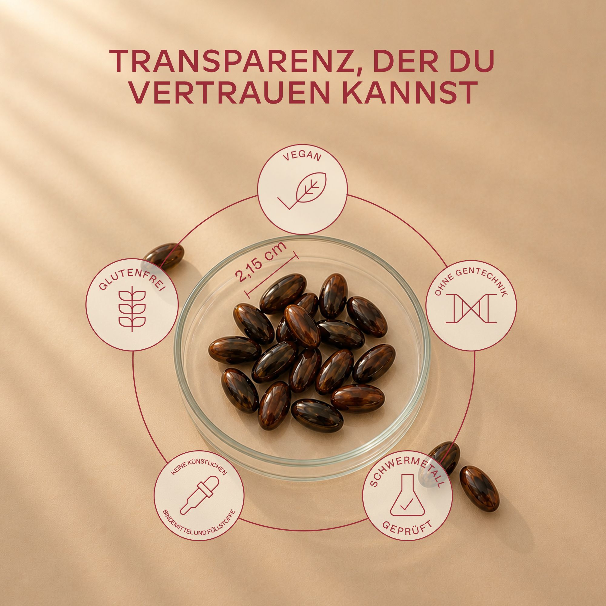 Aavalabs Astaxanthin Softgels auf einer Petrischale, vegan, glutenfrei.