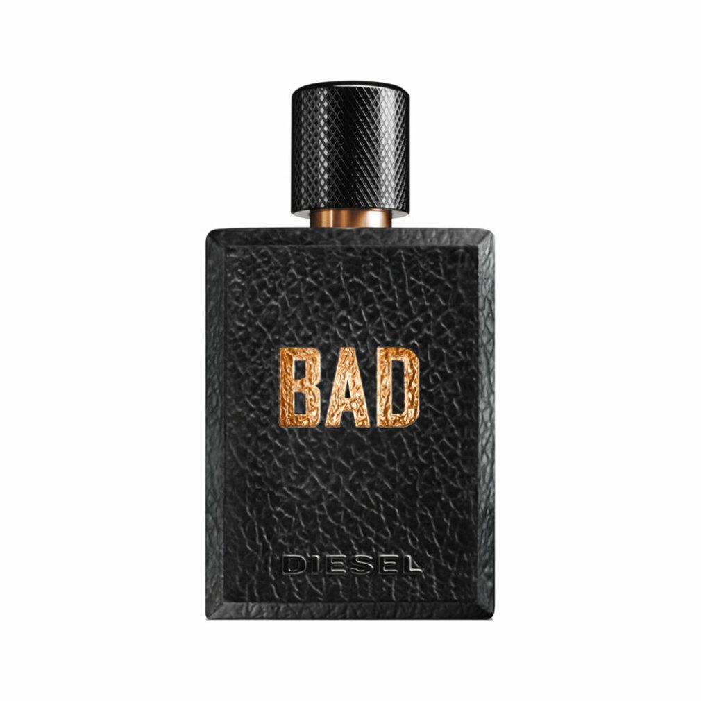 Schwarzer Flakon von Diesel Bad Eau de Toilette. Goldfarbener Schriftzug "BAD". Schwarzer Deckel.