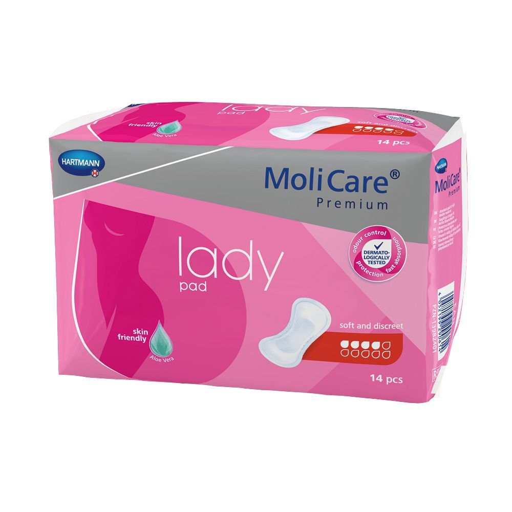Verpackung MoliCare Premium lady pad. Rosa-graue Verpackung mit Produktabbildung und 14 Stück Angabe.