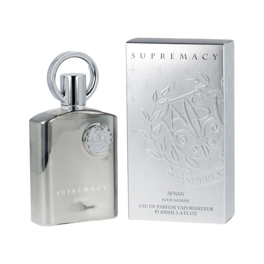 Silberne Parfumflasche und Verpackung. Flasche mit rundem Verschluss. Aufschrift: SUPREMACY, AFNAN, Eau de Parfum Vaporisateur. Geprägtes Logo.
