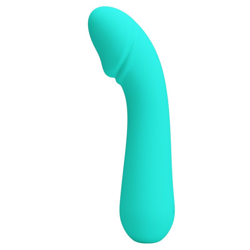Türkisfarbener Vibrator mit gebogener Form. Oberteil mit erhabener Struktur. Glatte Oberfläche.