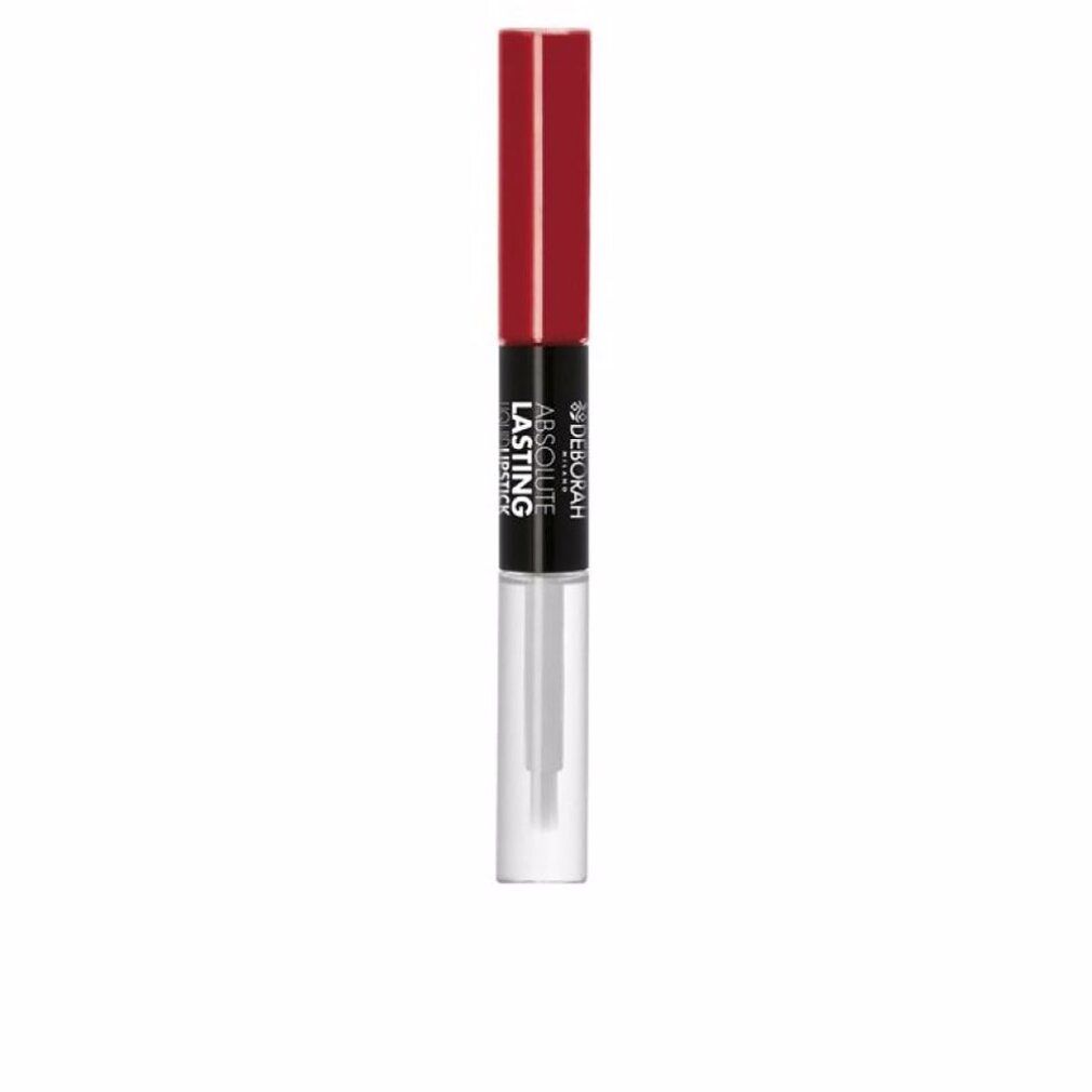 Doppel-Lippenstift. Roter Deckel, schwarzer Mittelteil mit Schriftzug. Transparenter Behälter mit Applikator. Produktname: Absolute Lasting.