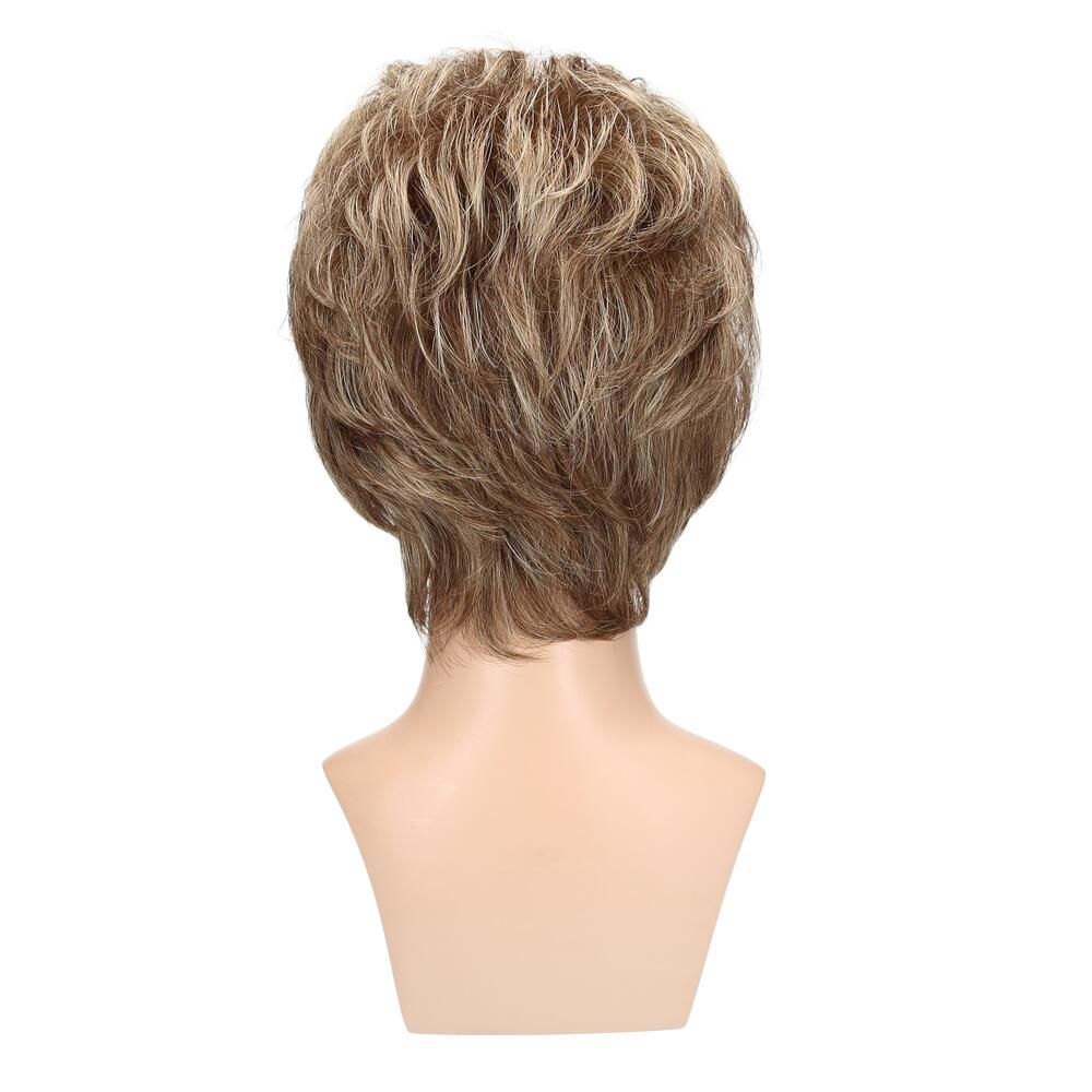 Perücke Peggy von Lofty in Dunkelasch-/Lichtblond gesträhnt, auf einem Schaufensterkopf, Rückansicht.