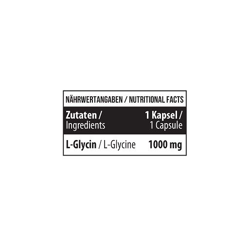 Nährwertangaben für MST L-Glycin. Text: Zutaten, 1 Kapsel, L-Glycin 1000 mg.