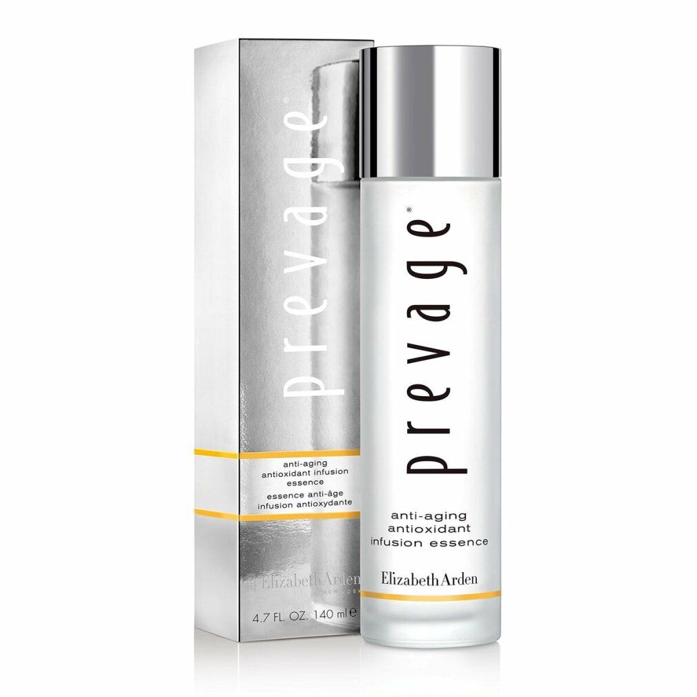 Elizabeth Arden Prevage Essence. Flasche und Verpackung. Text: Prevage, Anti-Aging, Antioxidant infusion essence. Volumen: 4.7 FL. OZ. / 140 ml.