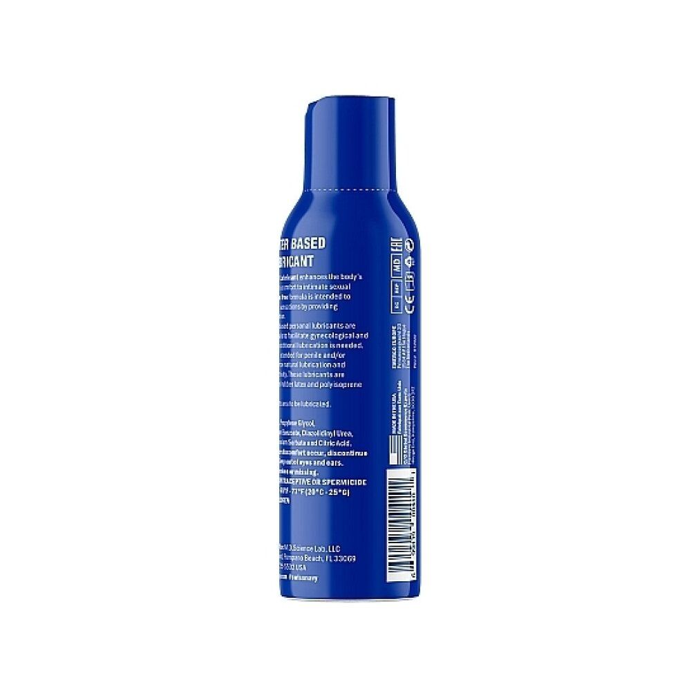 Blaue Flasche, Rückseite mit weißem Text. Enthält Informationen über das Produkt und Hersteller.