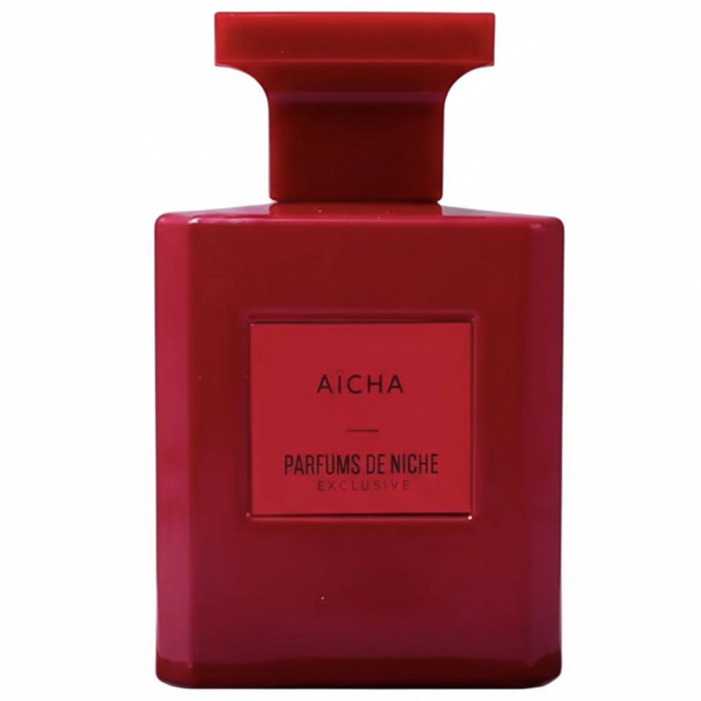 Rote Flasche Eau de Parfum Aïcha. Rechteckige Form mit rotem Verschluss. Aufkleber mit Schriftzug Aïcha und Parfums de Niche.