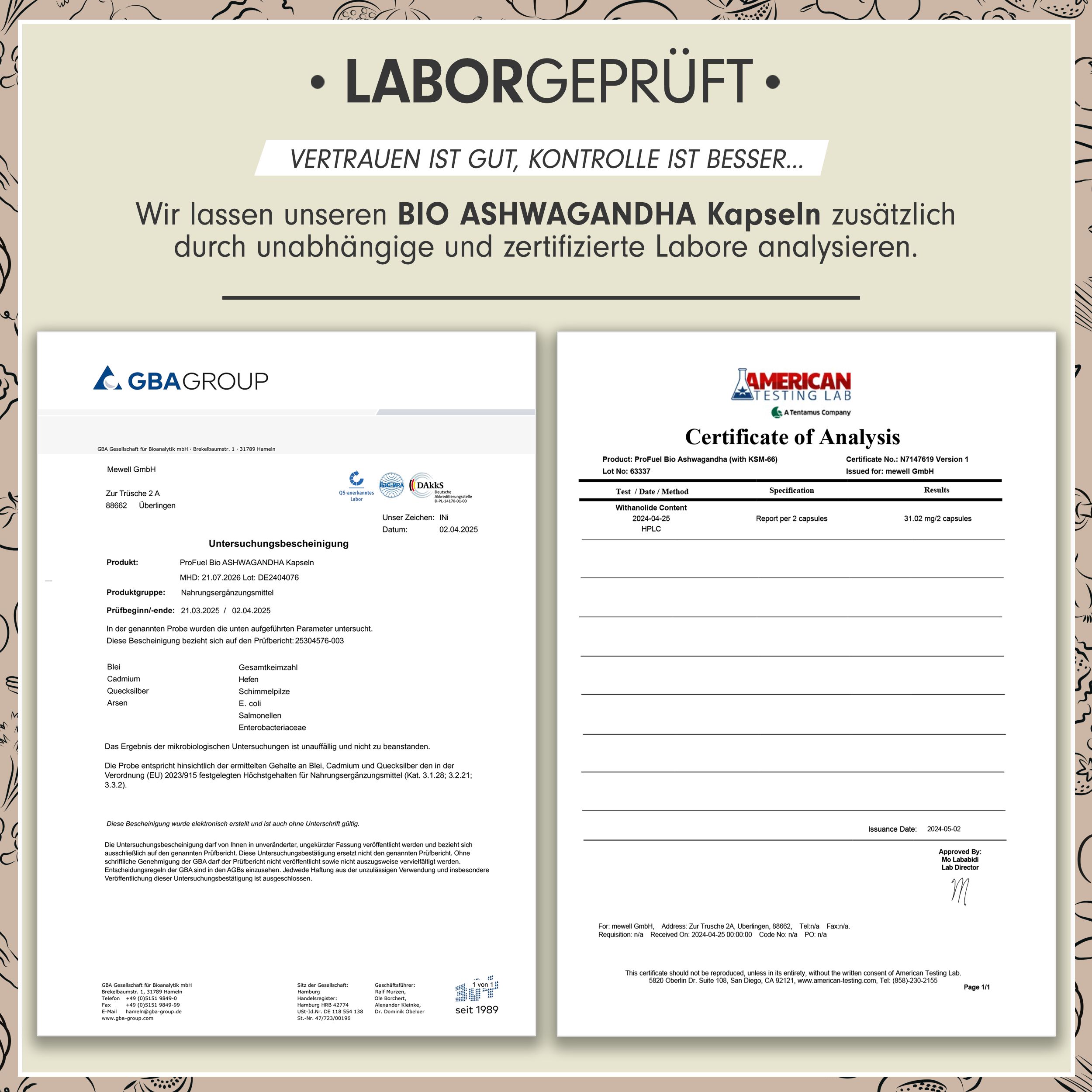 Zwei Zertifikate von unabhängigen Laboren. Analyse von Bio Ashwagandha Kapseln. Ergebnisse und Logos von GBA Group und American Testing Lab.