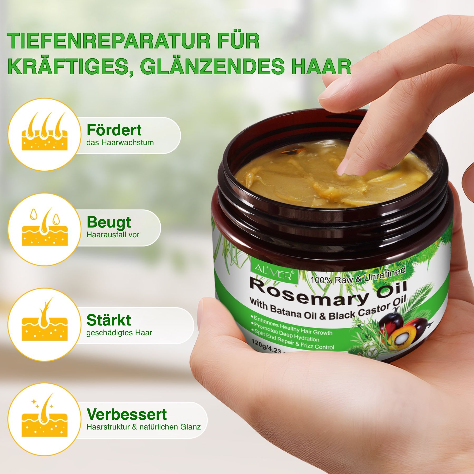 Hand mit Finger, der Öl aus einem ALIVER Rosmarinöl-Tiegel entnimmt. Grafiken zeigen Haarwachstum, Vorbeugung von Haarausfall, Stärkung.
