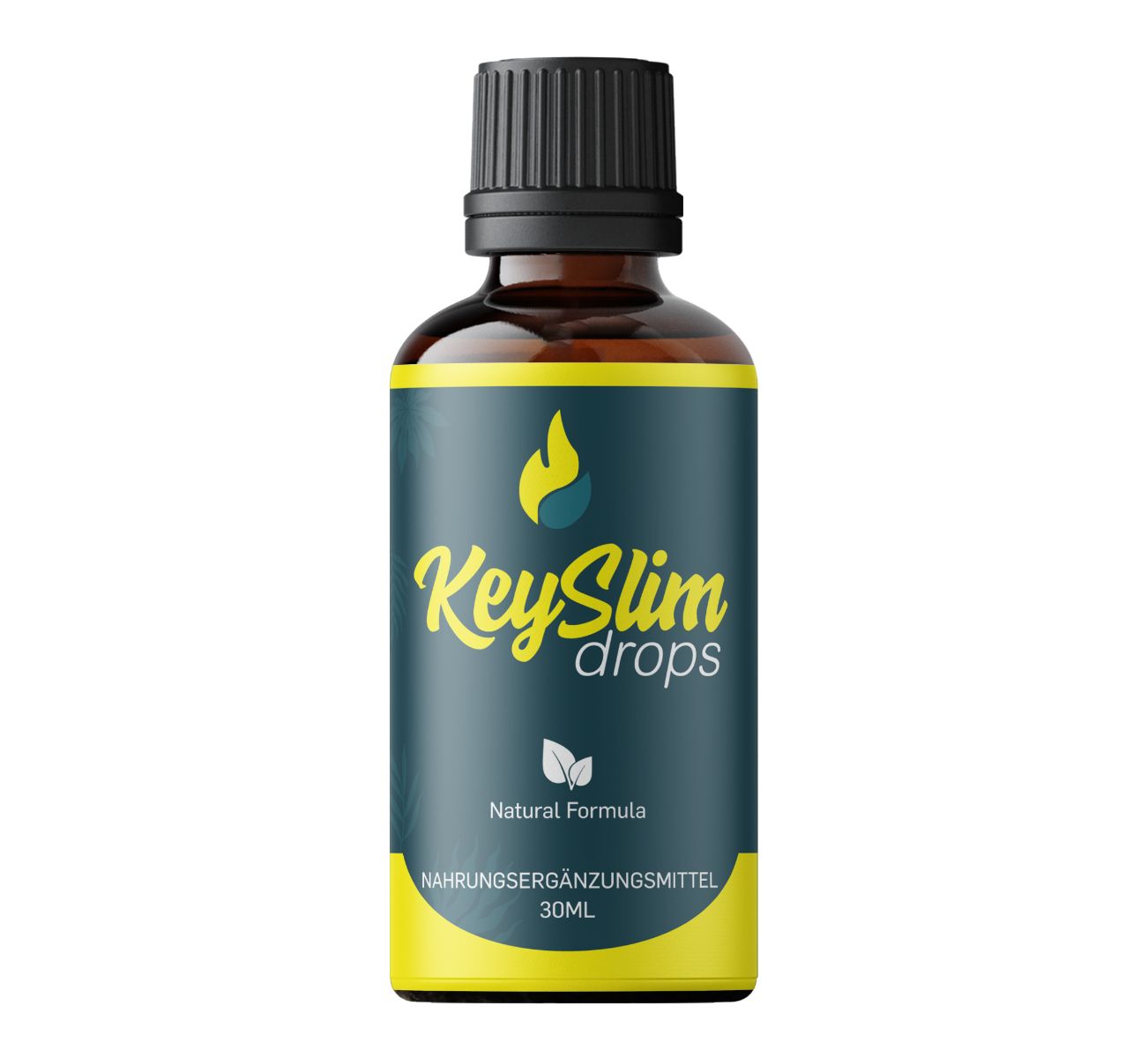 Braune Glasflasche mit schwarzem Deckel. Etikett mit "Key Slim drops", gelbem Logo und Text. 30 ml.