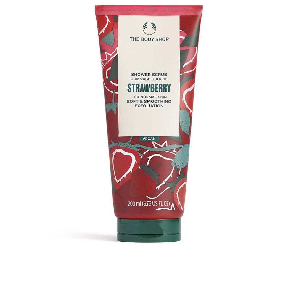 Rote Tube mit Erdbeer-Design. Text: "Shower Scrub", "Strawberry", "Vegan". Grüner Deckel. 200 ml.