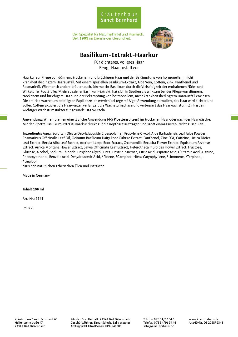 Produktbeschreibung: Basilikum-Extrakt-Haarkur. Inhaltsstoffe, Anwendung, Herstellerinformationen.