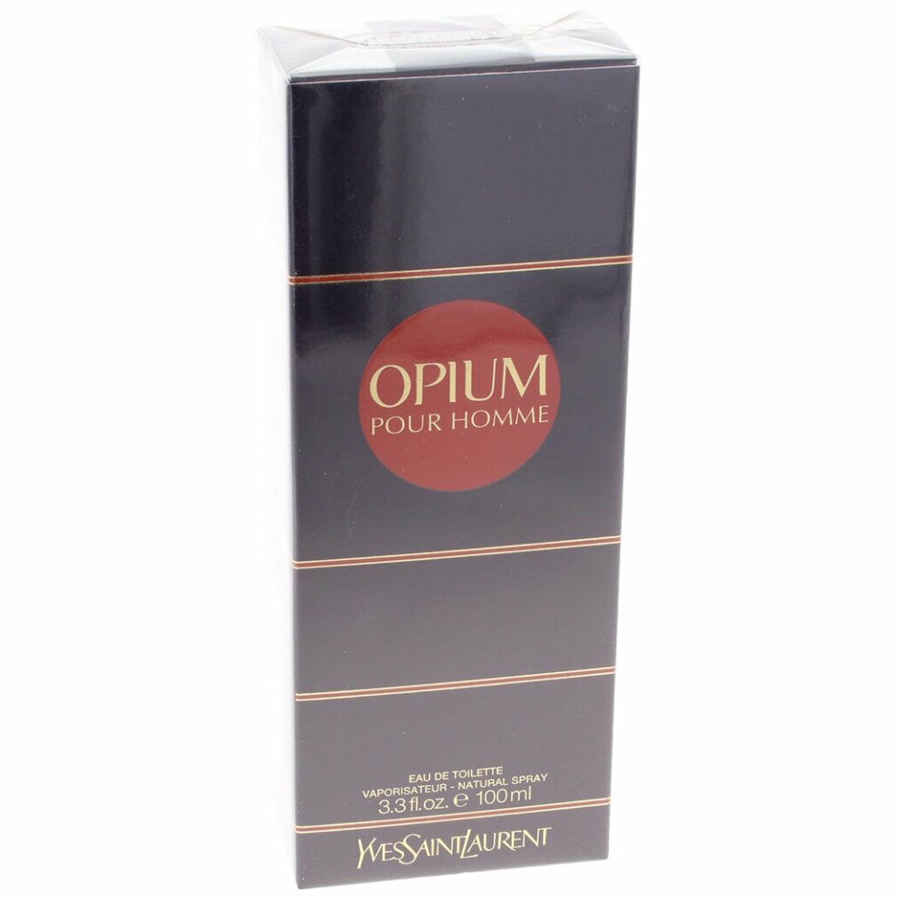 Schwarzer Karton mit goldfarbenen Streifen und rotem Kreis mit "OPIUM POUR HOMME". Marke und Produktinformationen.