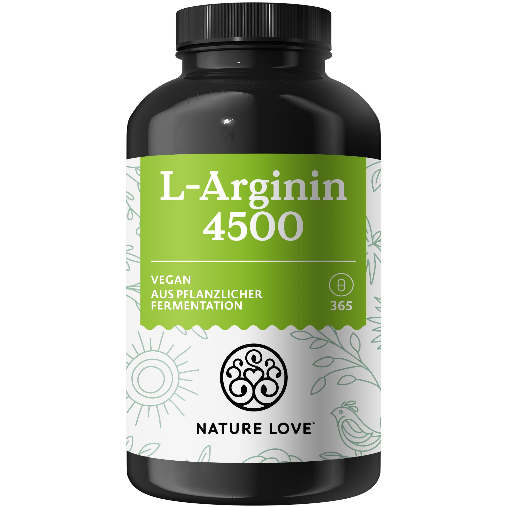 Schwarze Flasche mit grünem Etikett. Aufschrift: L-Arginin 4500, Vegan, aus pflanzlicher Fermentation. Logo: NATURE LOVE®.