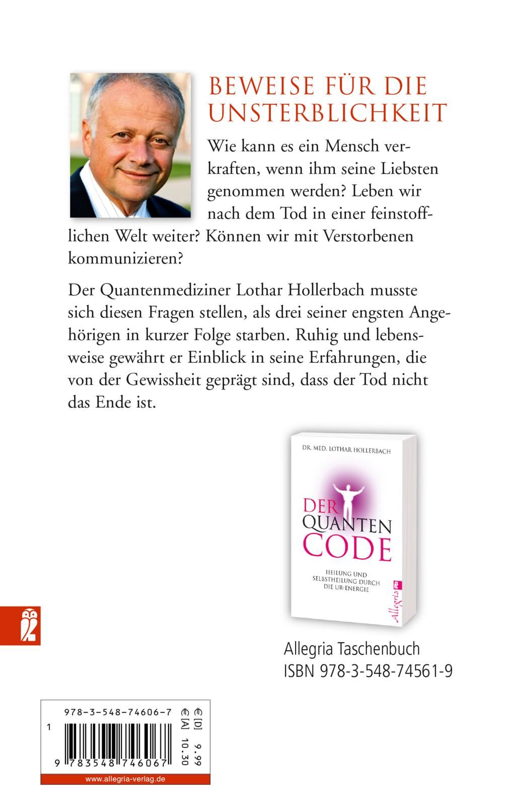Buchrückseite mit Text und Foto. Kleines Buch abgebildet: "Der Quanten Code". Verlag Allegria.