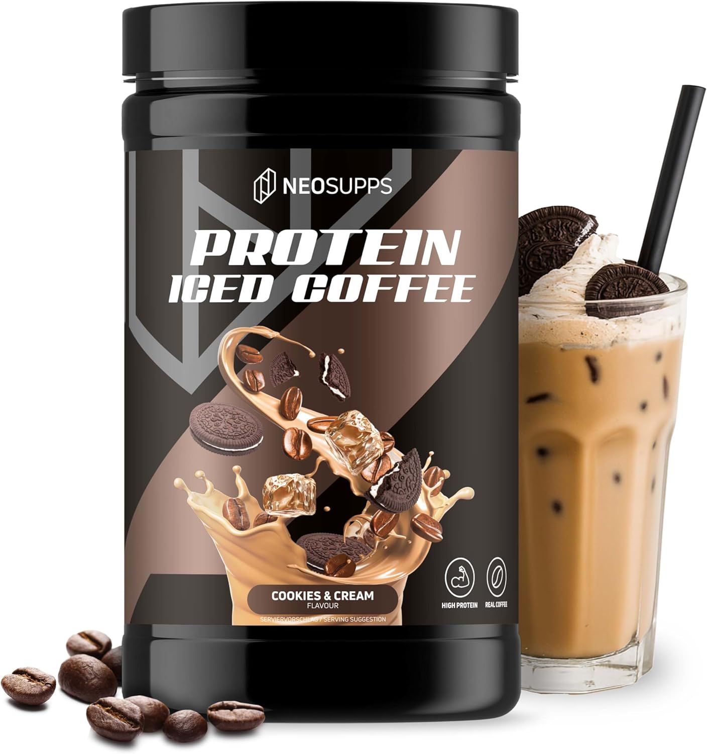 Schwarze Dose Neosupps Protein Iced Coffee Cookies & Cream. Glas Eiskaffee mit Keksen. Kaffeebohnen.