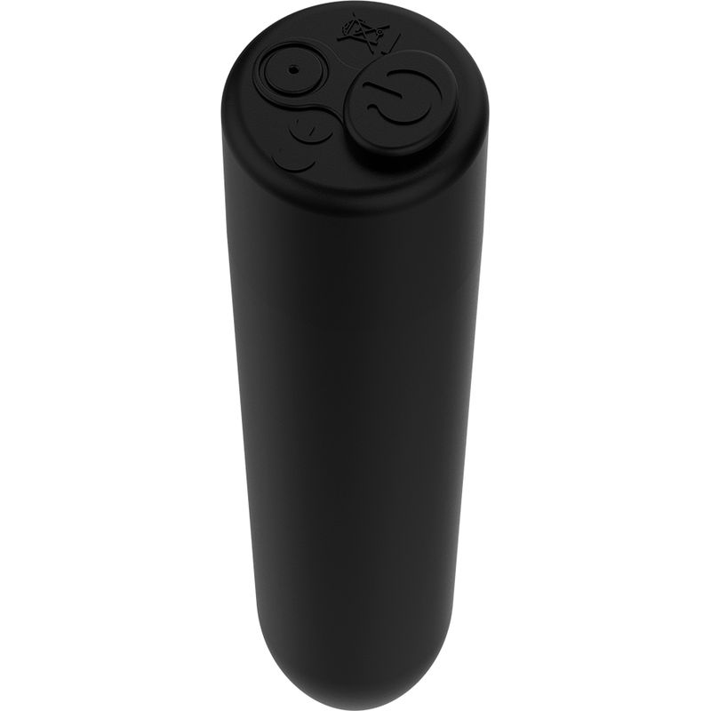 Schwarzer Vibrator, zylindrisch, mit abgerundetem Ende. Zwei Knöpfe.