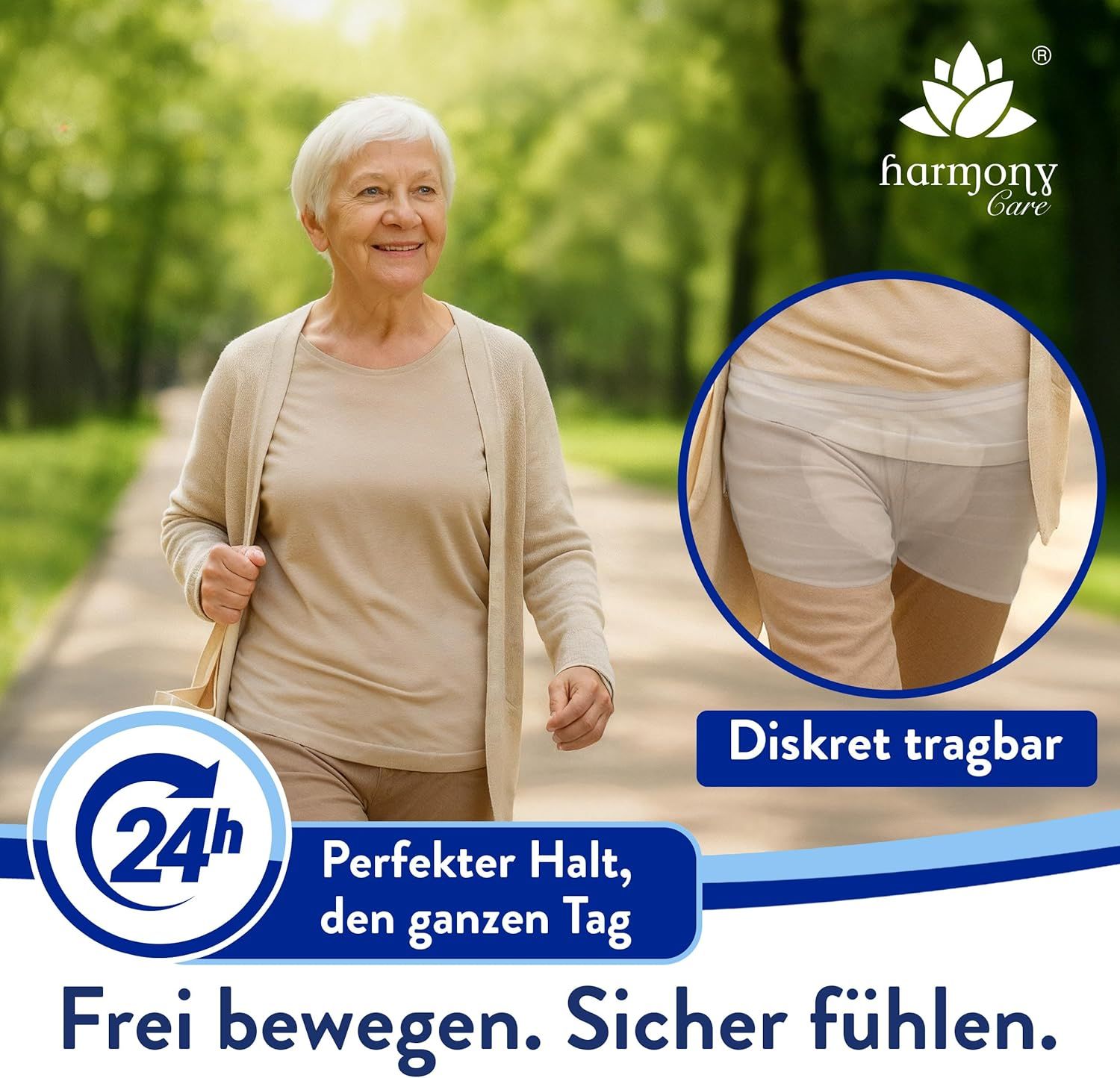 Frau trägt diskrete Fixierhose beim Spaziergang. Bietet 24h Halt für Sicherheit.