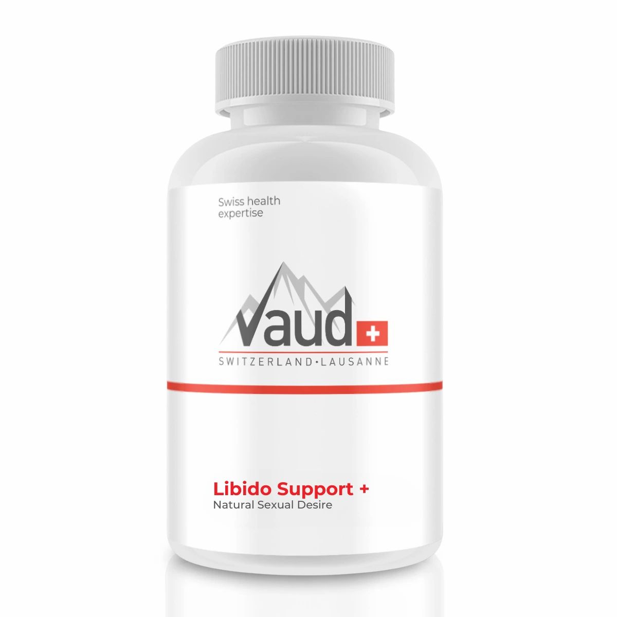 Weiße Flasche mit Kapseln. Aufschrift: Vaud, Libido Support + Natural Sexual Desire.