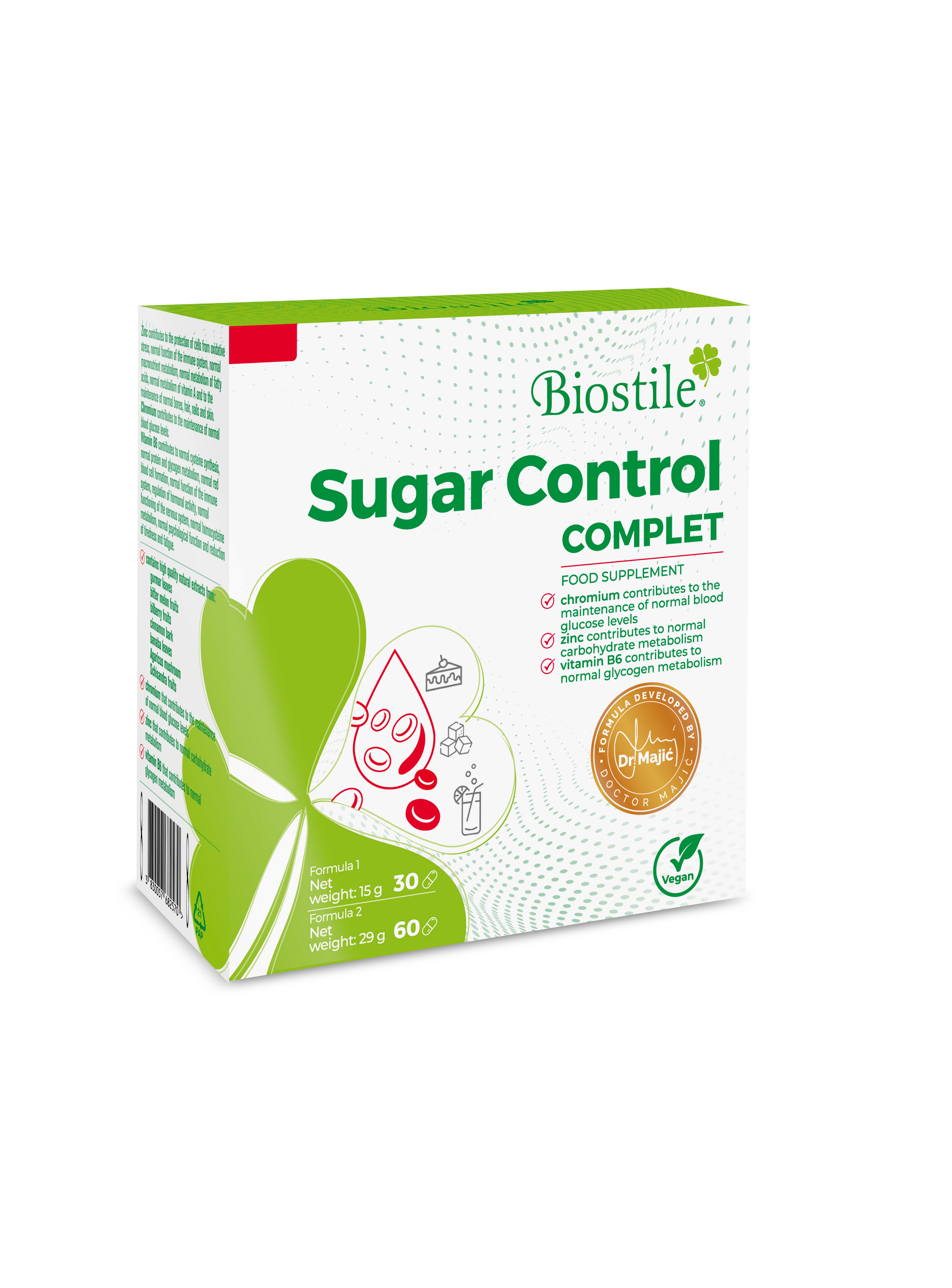 Verpackung von Biostile Sugar Control Komplett. Grün-weiße Schachtel mit Produktnamen, Logo und Inhaltsangaben. Vegan-Siegel.