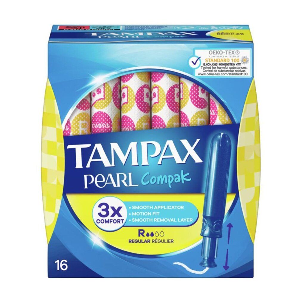 Verpackung von Tampax Pearl Compak Regular Tampons. Enthält 16 Stück. Mit Aufdrucken und dem Hinweis auf Komfort und Schutz.