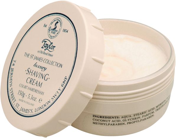 Beige Rasiercreme-Tiegel, Deckel geöffnet. Aufschrift: Taylor of Old Bond Street, The St James Collection, Luxury Shaving Cream.