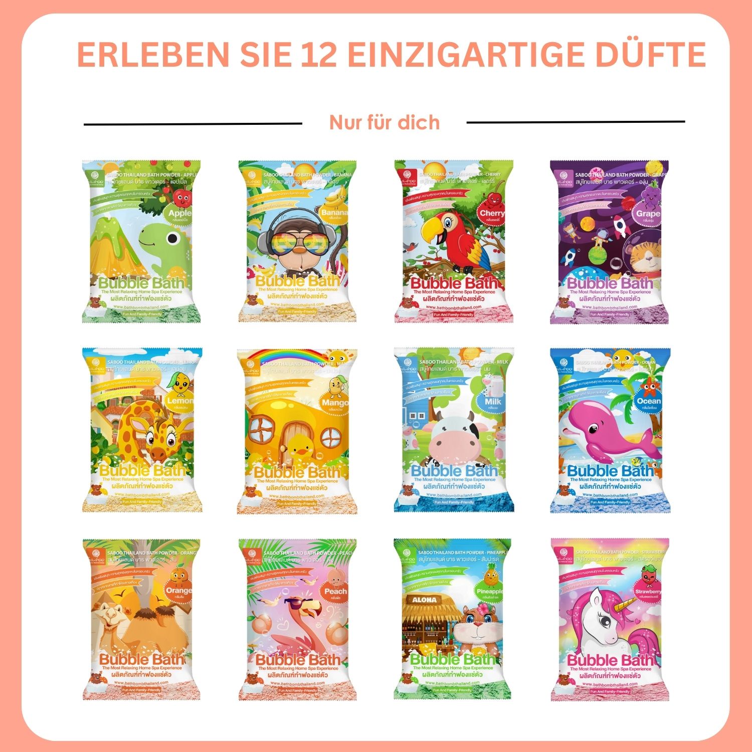 12 verschiedene Produktverpackungen. Illustrationen von Tieren und Früchten. Text in mehreren Sprachen.