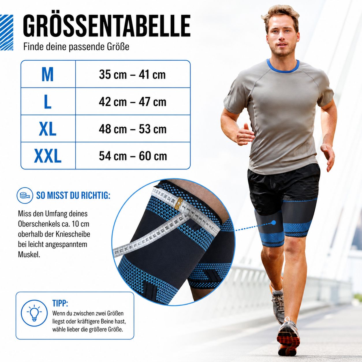 Mann beim Joggen, trägt Oberschenkelbandagen. Größentabelle: M (35-41 cm), L (42-47 cm), XL (48-53 cm), XXL (54-60 cm).