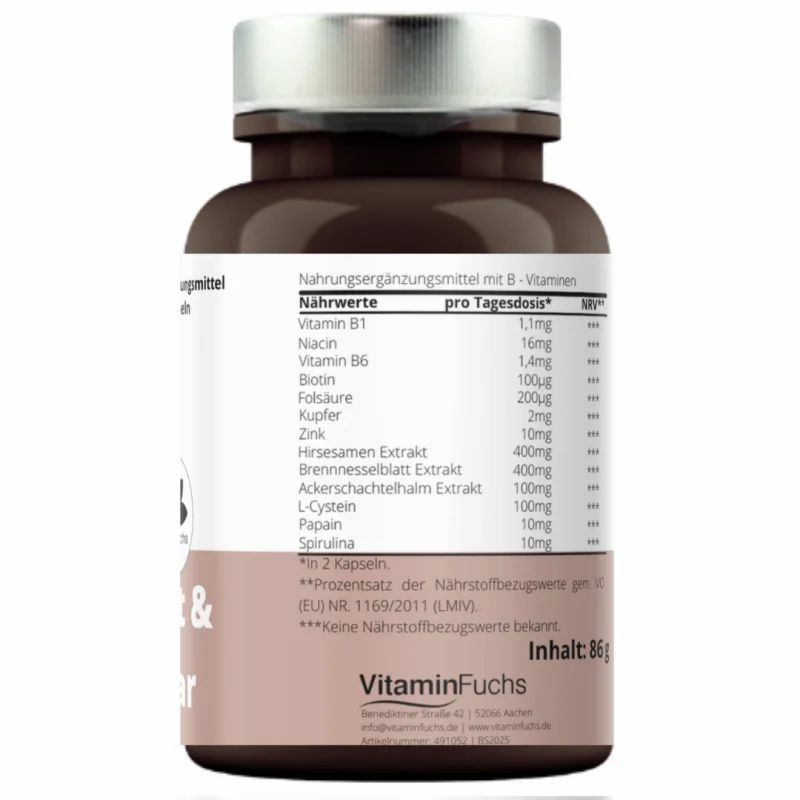 Rückseite der Flasche. Etikett mit Nährwertangaben und Inhaltsstoffen. "VitaminFuchs" Logo. Enthält 86g.