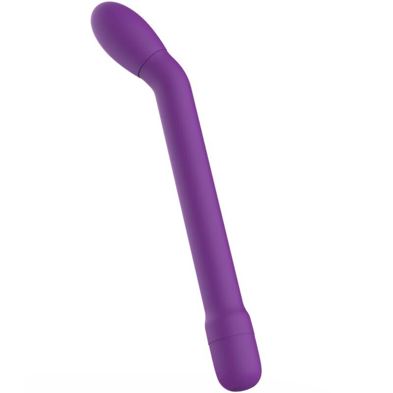 Lila Vibrator mit gebogener Form. Besteht aus einem länglichen Schaft und einem abgerundeten Kopf. Glatte Oberfläche.