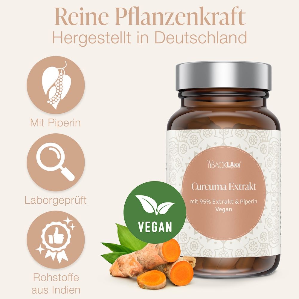 Produktflasche mit Label "Curcuma Extrakt". Illustrationen von Kurkuma, Blättern und Icons. Vegan-Siegel.